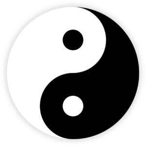 A yin-yang symbol with a balanced black and white swirl, each containing a dot of the opposite color, symbolizing harmony and duality.