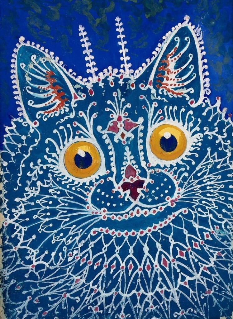 Generative AI. Abstract painting of a cat with intricate patterns on a blue background. The cat has wide yellow eyes and a detailed white and red design.
