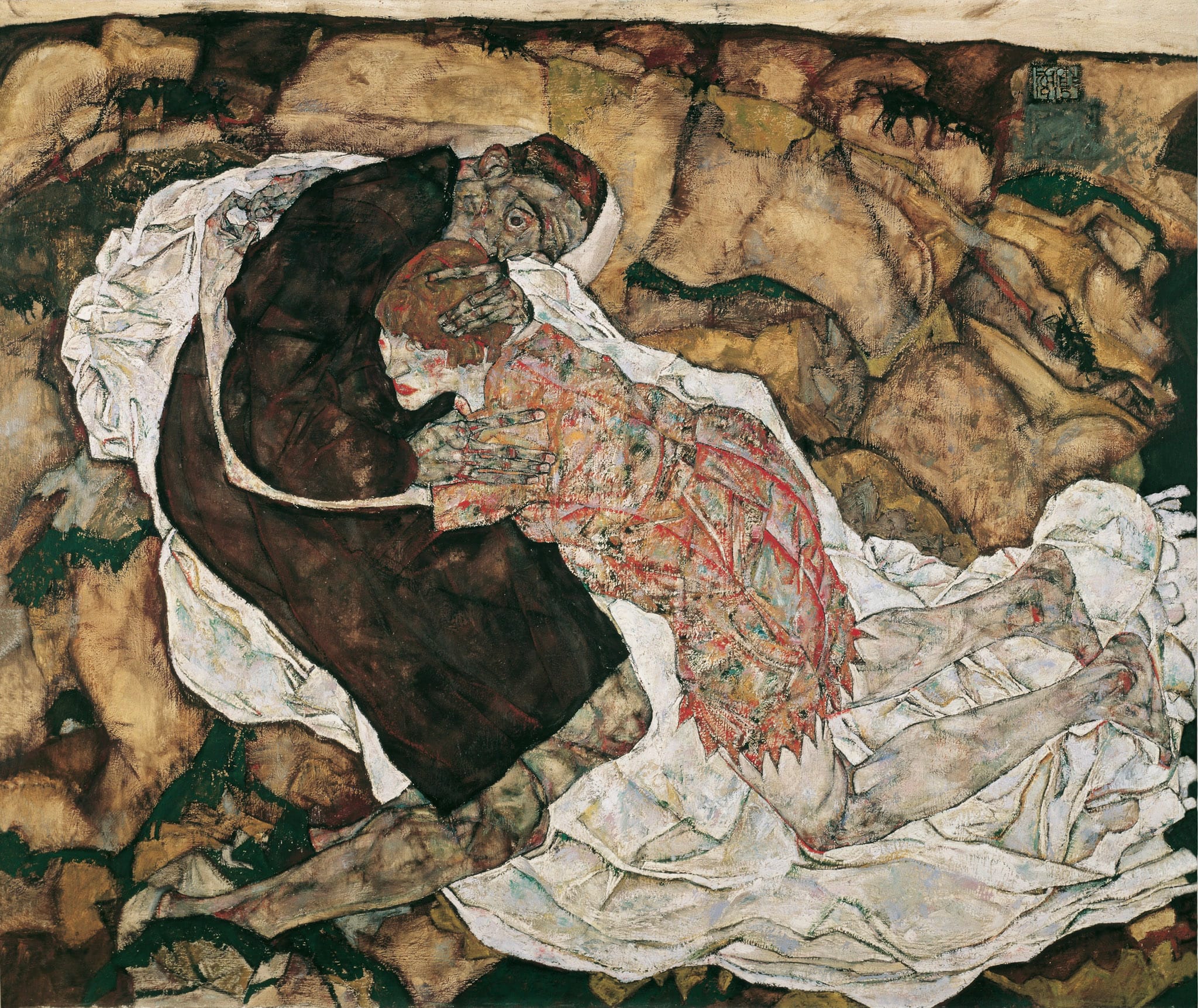 A man in dark clothing embraces a figure in a patterned dress on a rumpled white sheet. The scene evokes emotion and intimacy against an earthy, textured background.