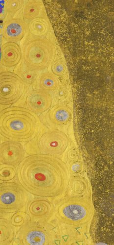 Abstract artwork with swirling circles in gold, red, and blue hues on a textured yellow background. The tone is vibrant and dynamic.