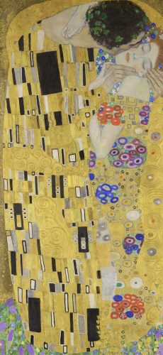 The image shows a couple embracing, wrapped in a golden, mosaic-like cloak adorned with geometric patterns. Vibrant colors convey intimacy and passion.