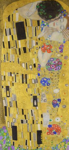 The image shows a couple embracing, wrapped in a golden, mosaic-like cloak adorned with geometric patterns. Vibrant colors convey intimacy and passion.