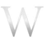 A large, shiny silver letter "W" on a black background. The letter's sleek metallic finish gives it a bold and modern appearance.