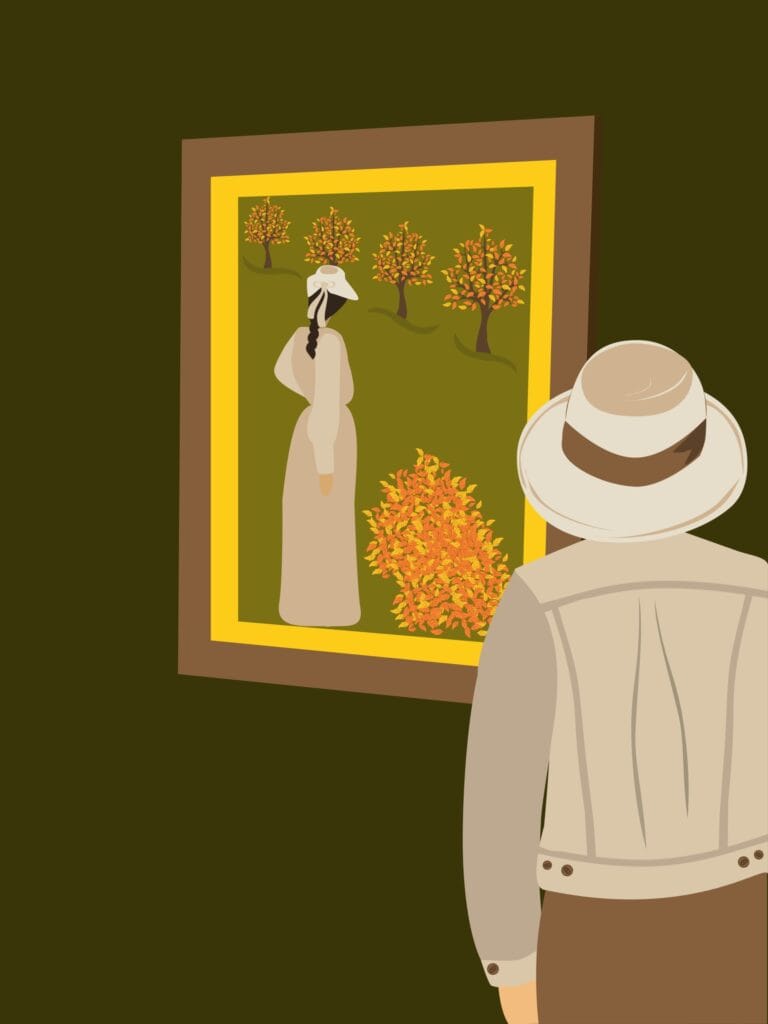 Visiting a Museum. A person in a hat and beige jacket looks at a painting of a woman in a field with autumn trees. The scene feels peaceful and reflective.