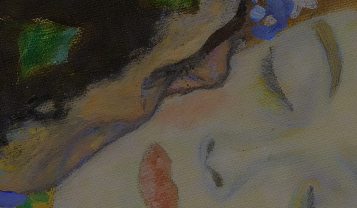 A close-up of an Impressionist painting shows a serene face in profile with closed eyes. The soft, blended colors evoke a dreamy, peaceful mood.