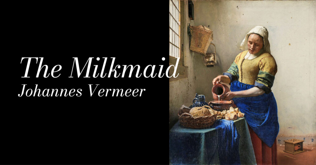 "The Milkmaid by Johannes Vermeer: A woman in traditional attire pours milk into a bowl on a table with bread, bathed in soft light, evoking serenity."