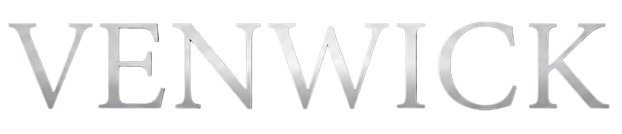 "Silver 'VENWICK' text on a black background, with a sleek, metallic appearance conveying elegance and modernity."